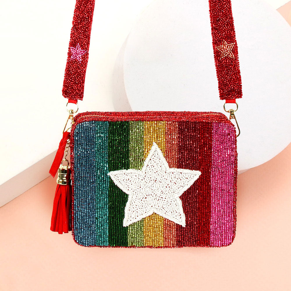 Madeline Love Multi Rainbow Color Block Seed Beaded Star Accented Rectangle Tassel Crossbody Bag - Bags & Wallets