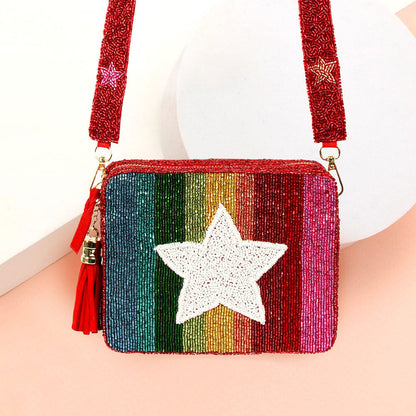 Madeline Love Multi Rainbow Color Block Seed Beaded Star Accented Rectangle Tassel Crossbody Bag - Bags & Wallets