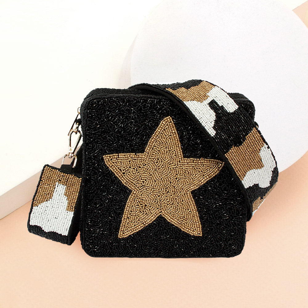 Madeline Love Black Seed Beaded Star Accented Square Camouflage Crossbody Bag - Bags & Wallets