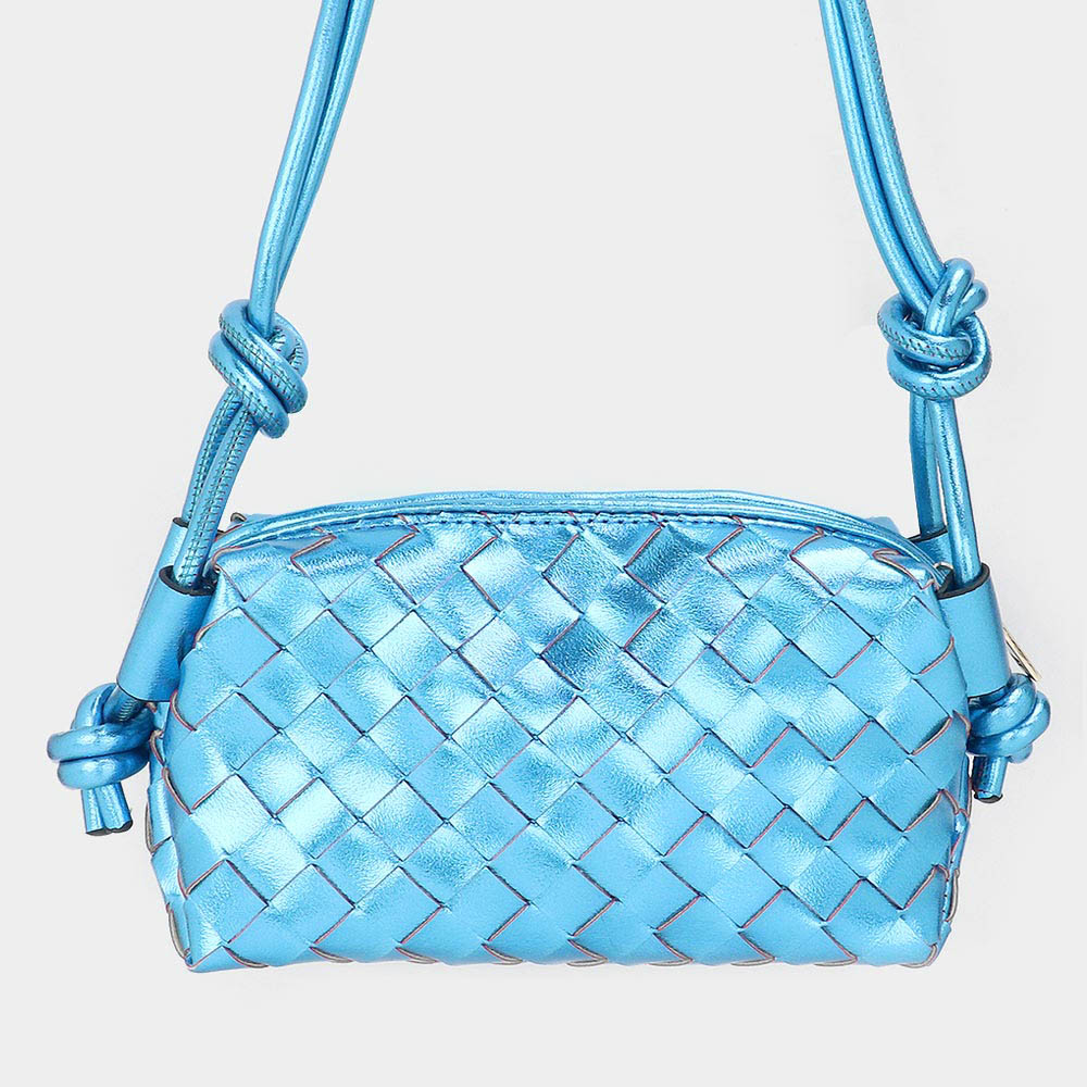 Madeline Love Blue Metallic Faux Leather Weaved Crossbody Bag - Bags & Wallets - desc