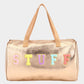 Madeline Love Champagne STUFF Message Metallic Top Handle Duffle Bag / Crossbody Bag - Bags & Wallets