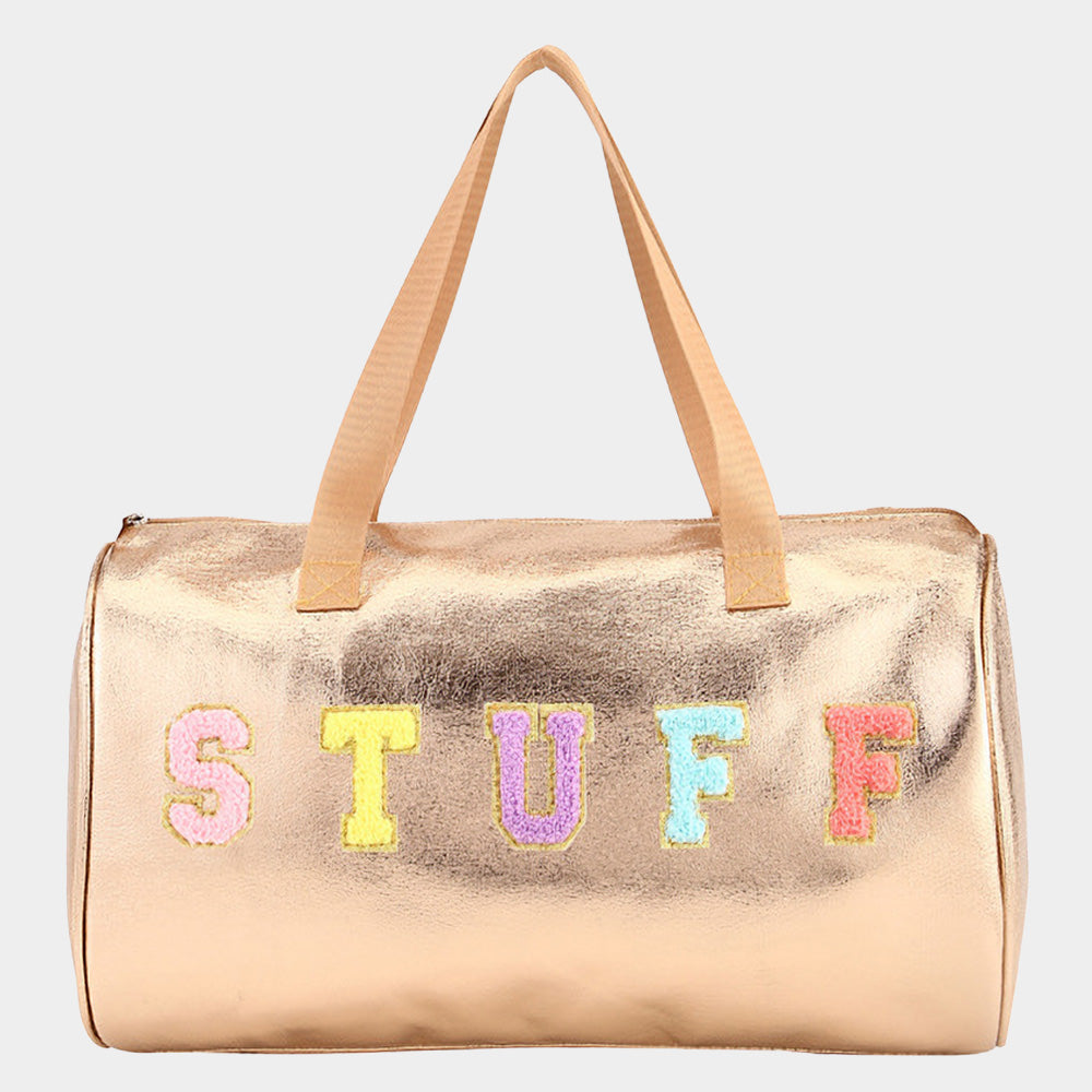 Madeline Love Champagne STUFF Message Metallic Top Handle Duffle Bag / Crossbody Bag - Bags & Wallets