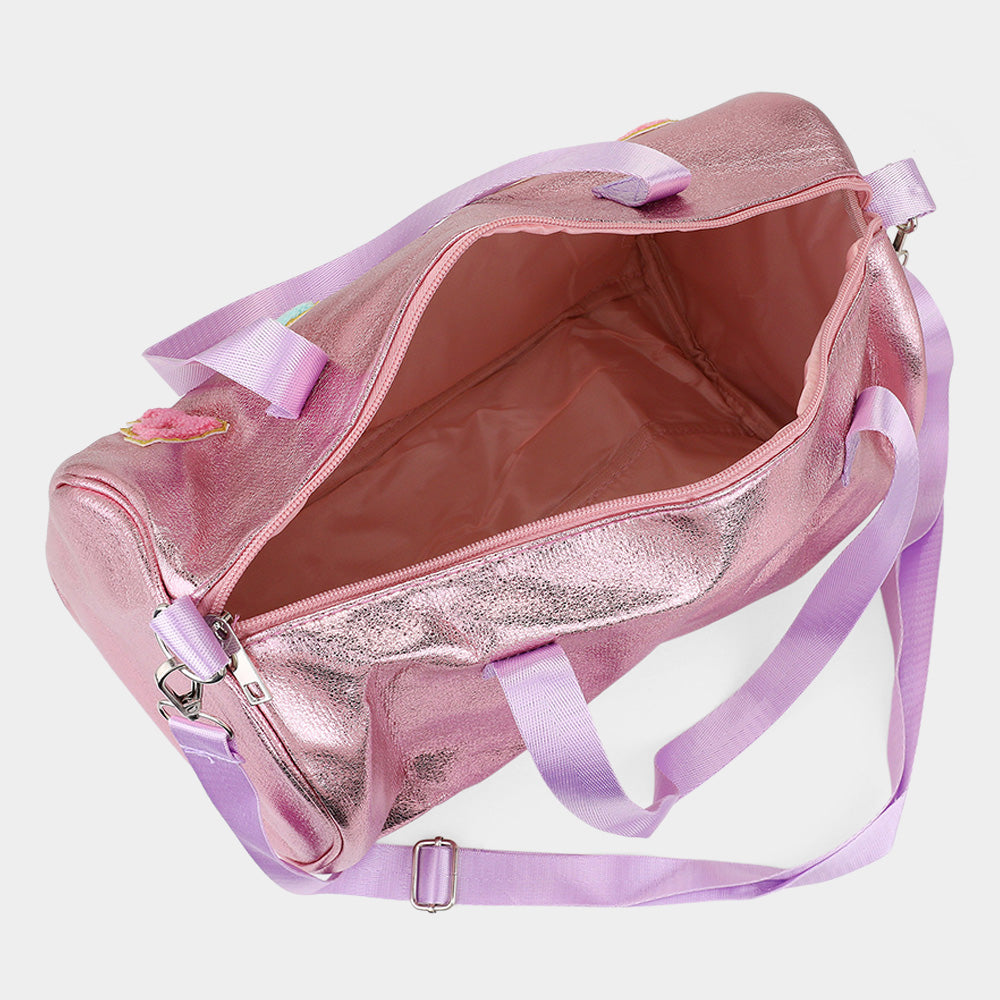 Madeline Love Champagne STUFF Message Metallic Top Handle Duffle Bag / Crossbody Bag - Bags & Wallets - extra