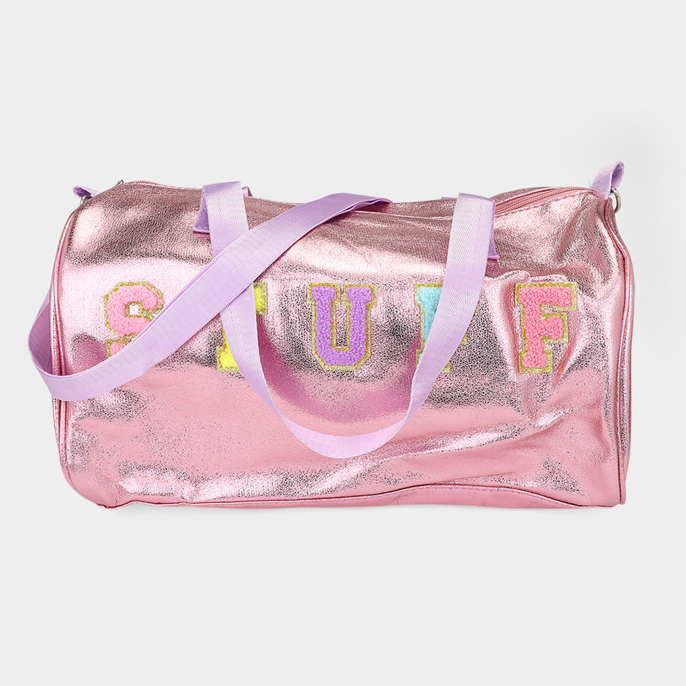 Madeline Love Gold STUFF Message Metallic Top Handle Duffle Bag / Crossbody Bag - Bags & Wallets - desc