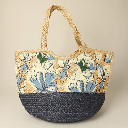 Madeline Love Multi Floral Pattern Two Tone Woven Straw Shoulder Bag / Tote Bag - Bags & Wallets