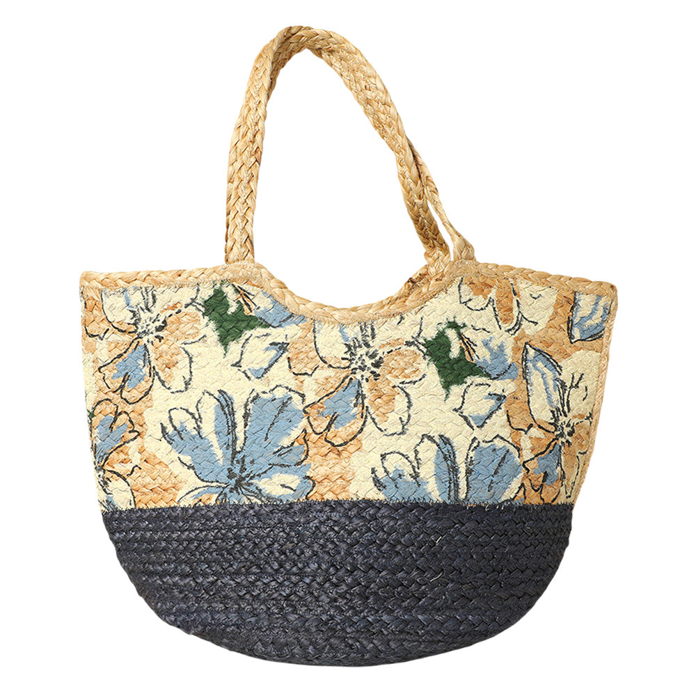 Madeline Love Multi Floral Pattern Two Tone Woven Straw Shoulder Bag / Tote Bag - Bags & Wallets - desc