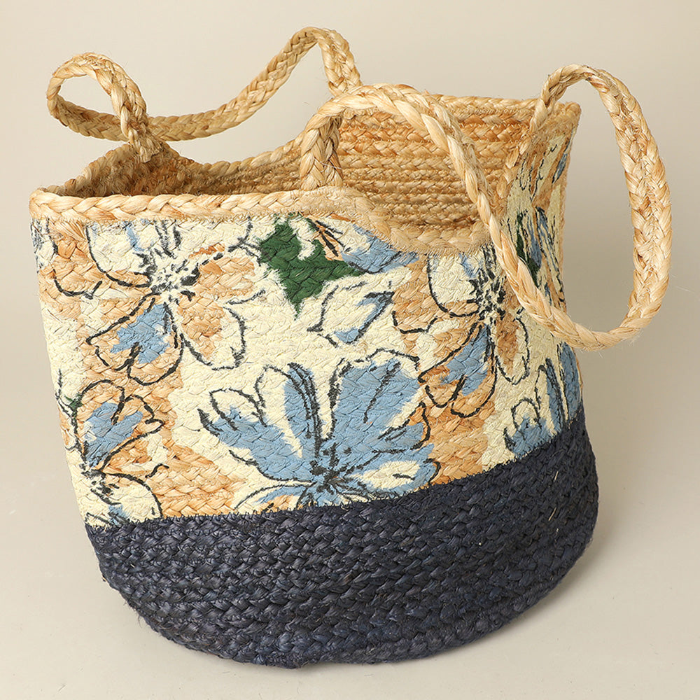 Madeline Love Multi Floral Pattern Two Tone Woven Straw Shoulder Bag / Tote Bag - Bags & Wallets - extra