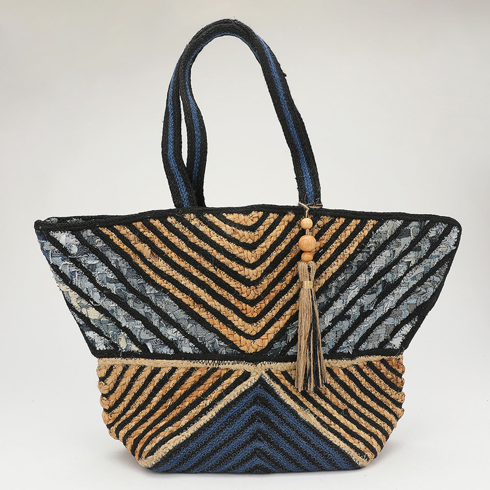 Madeline Love Multi Chevron Woven Wooden Tassel Straw Tote Bag - Bags & Wallets