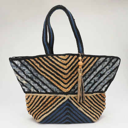 Madeline Love Multi Chevron Woven Wooden Tassel Straw Tote Bag - Bags & Wallets