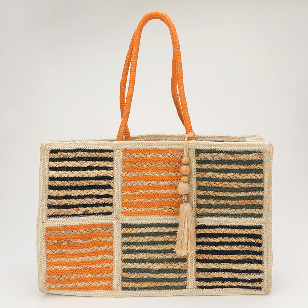 Madeline Love Multi, Orange Woven Color Block Stripe Wooden Tassel Straw Tote Bag - Bags & Wallets