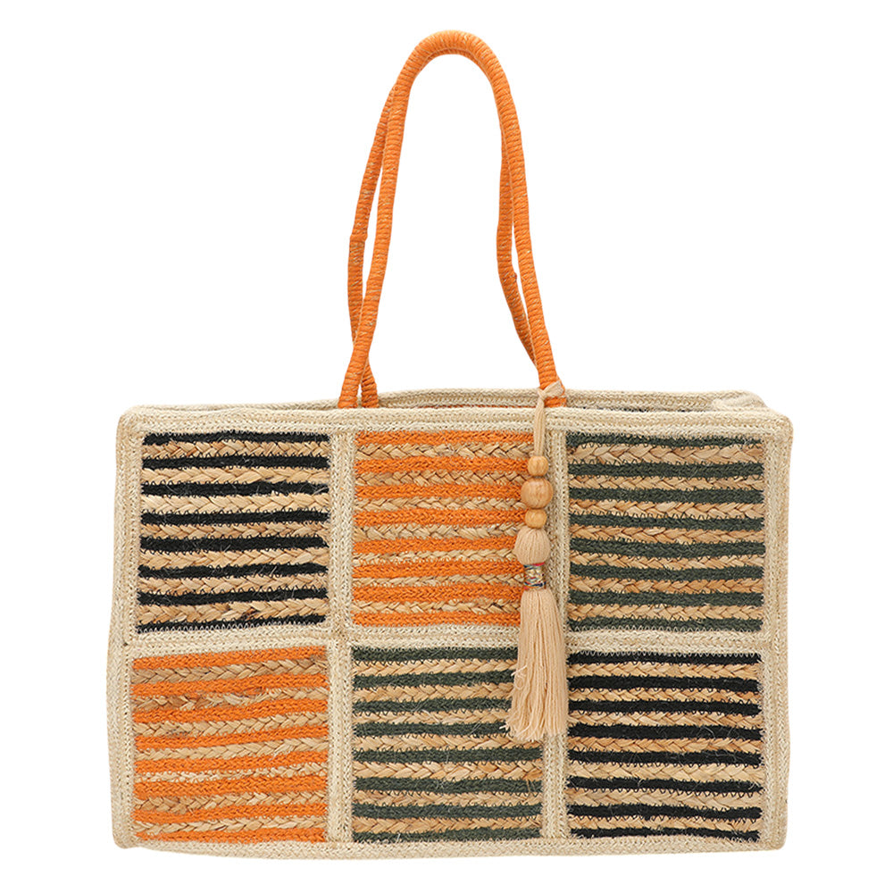 Madeline Love Multi, Orange Woven Color Block Stripe Wooden Tassel Straw Tote Bag - Bags & Wallets - desc
