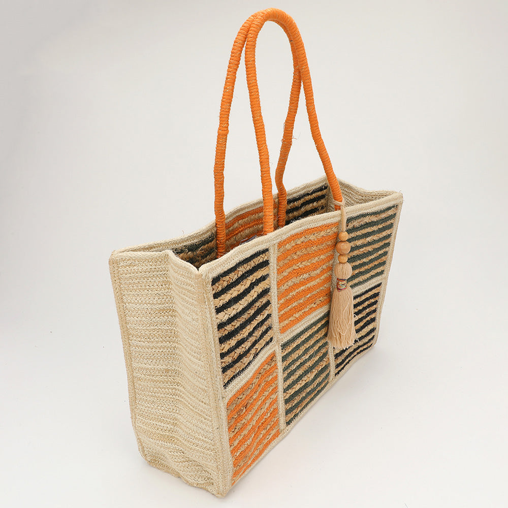 Madeline Love Multi, Orange Woven Color Block Stripe Wooden Tassel Straw Tote Bag - Bags & Wallets - extra