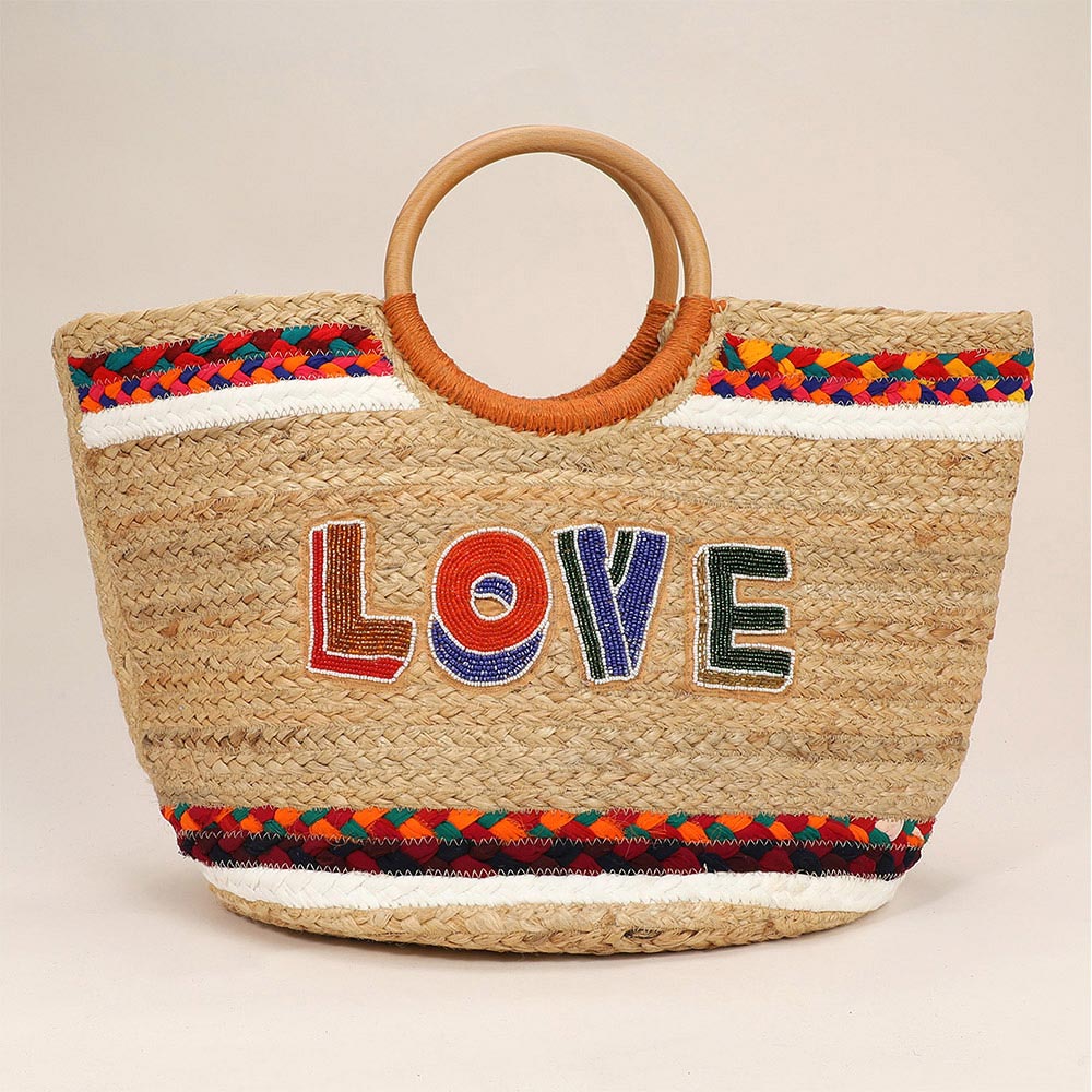 Madeline Love Multi Seed Beaded LOVE Message Pointed Wooden Handle Jute Handbag - Bags & Wallets