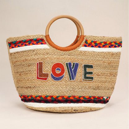 Madeline Love Multi Seed Beaded LOVE Message Pointed Wooden Handle Jute Handbag - Bags & Wallets