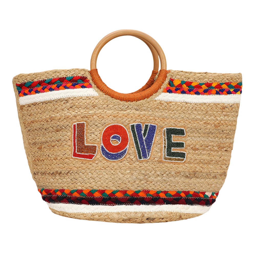 Madeline Love Multi Seed Beaded LOVE Message Pointed Wooden Handle Jute Handbag - Bags & Wallets - desc