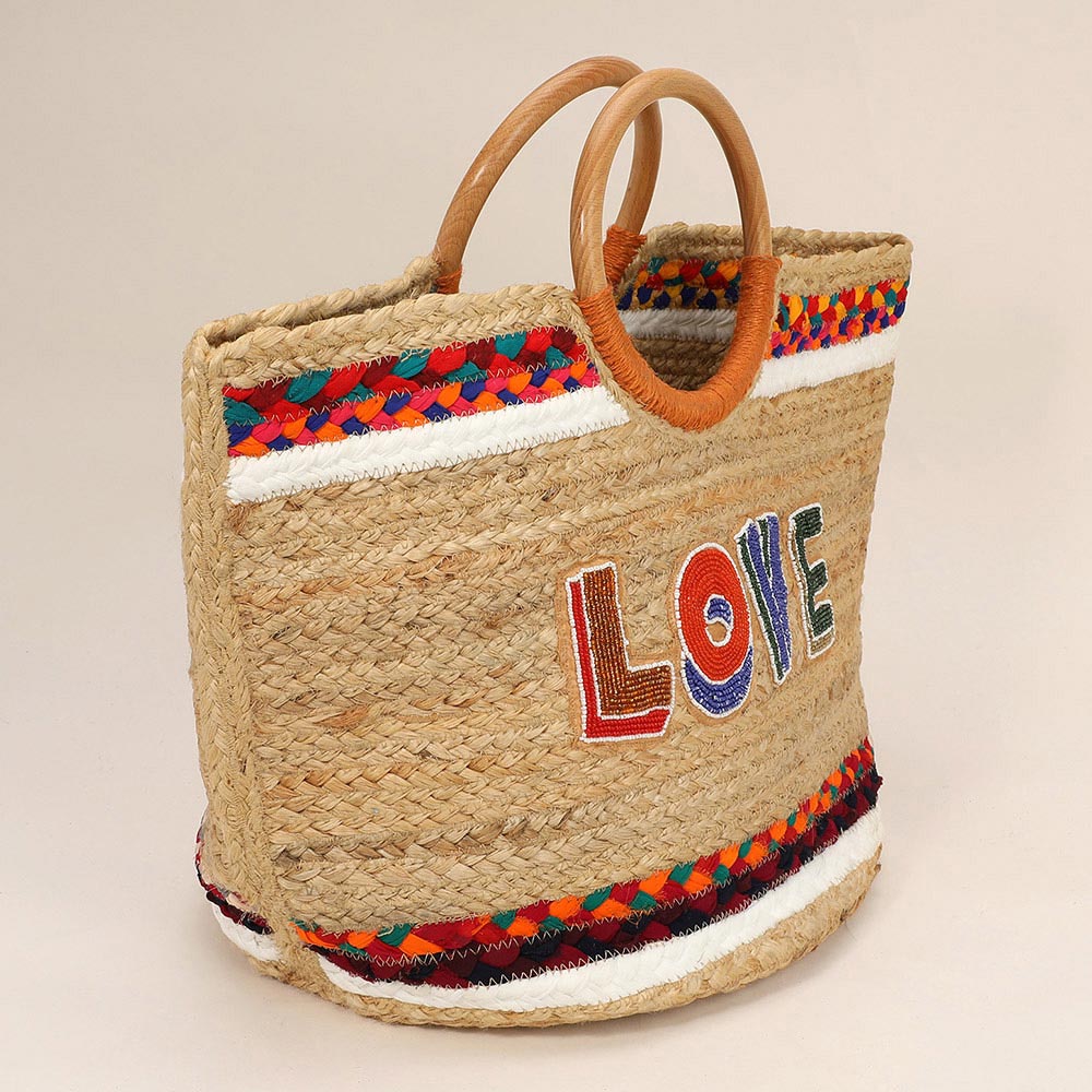Madeline Love Multi Seed Beaded LOVE Message Pointed Wooden Handle Jute Handbag - Bags & Wallets - extra
