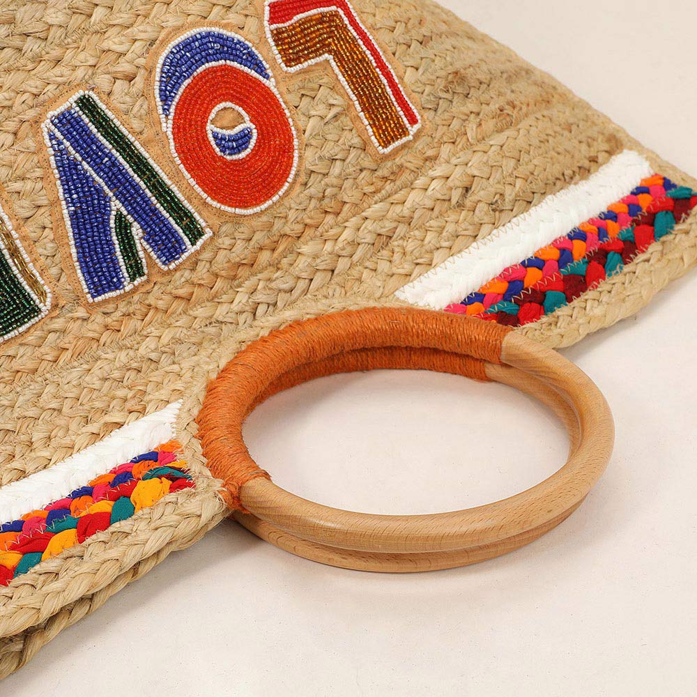 Madeline Love Multi Seed Beaded LOVE Message Pointed Wooden Handle Jute Handbag - Bags & Wallets - extra
