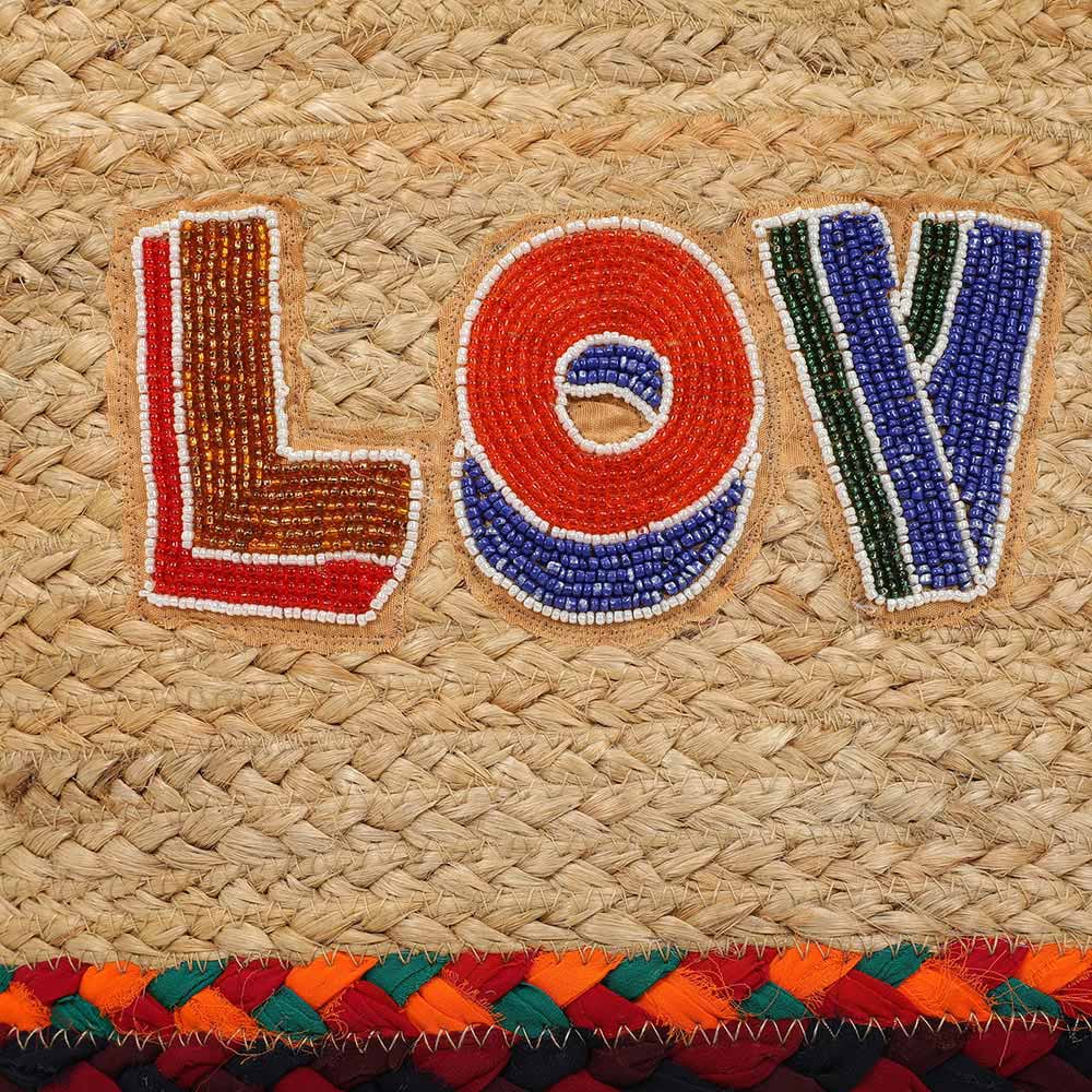 Madeline Love Multi Seed Beaded LOVE Message Pointed Wooden Handle Jute Handbag - Bags & Wallets - extra