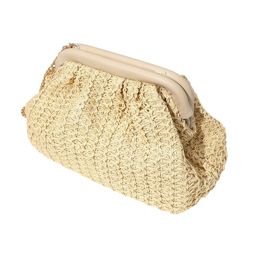 Madeline Love Beige Woven Raffia Clutch Purse Bag / Crossbody Bag - Bags & Wallets - desc