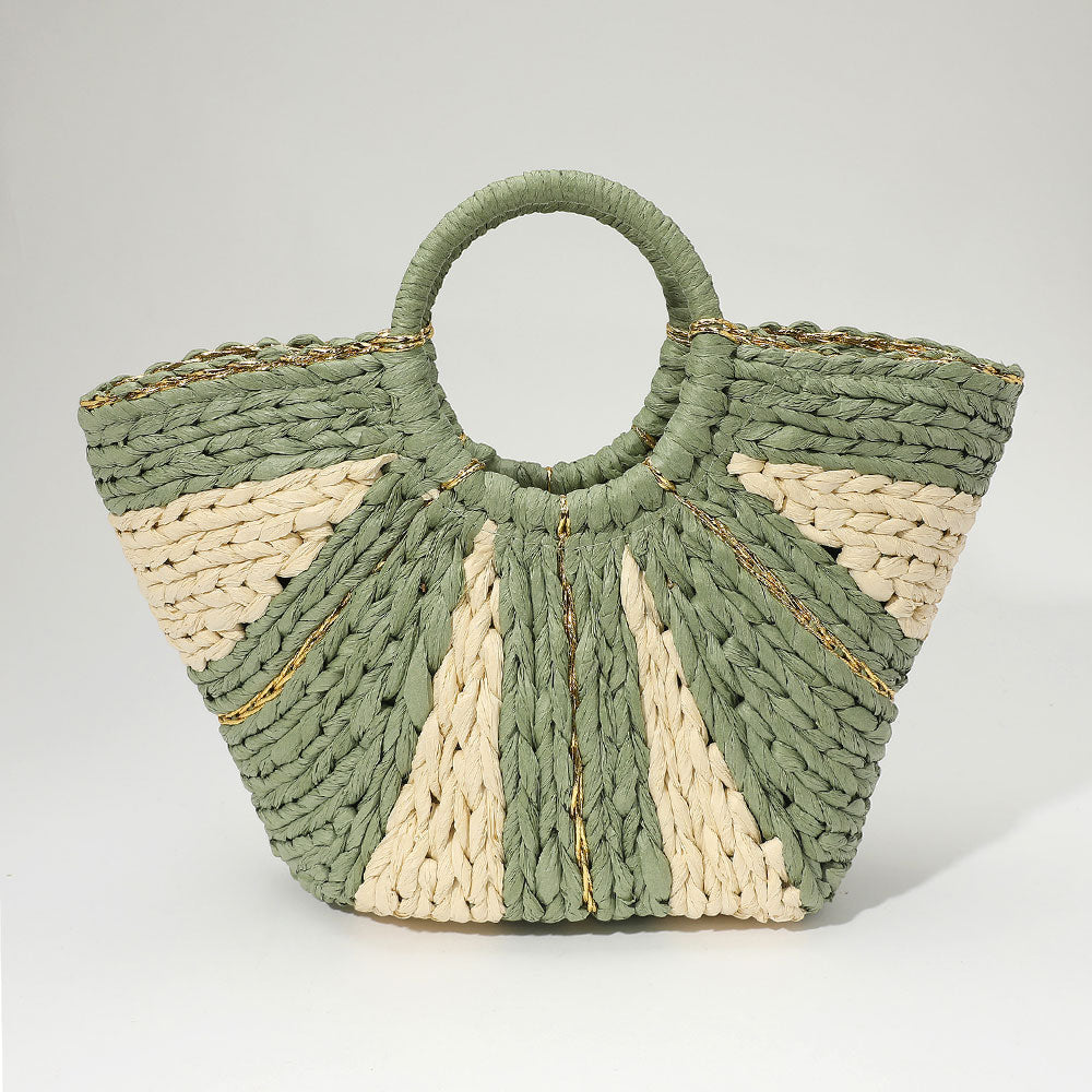 Madeline Love Green Woven Raffia Round Handle Tote Bag - Bags & Wallets