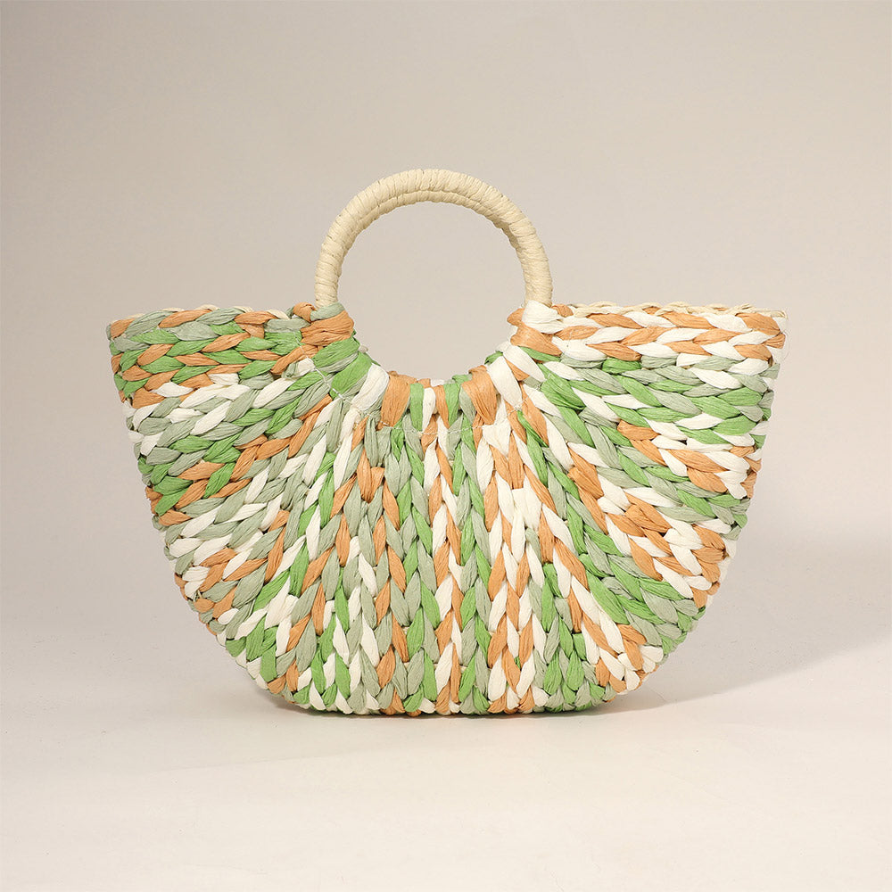 Madeline Love Green Multi Color Weave Round Handle Handwoven Natural Straw Handbag - Bags & Wallets