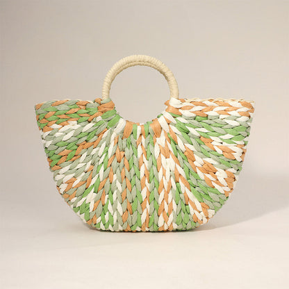 Madeline Love Green Multi Color Weave Round Handle Handwoven Natural Straw Handbag - Bags & Wallets
