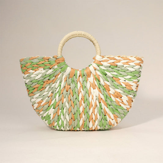 Madeline Love Green Multi Color Weave Round Handle Handwoven Natural Straw Handbag - Bags & Wallets