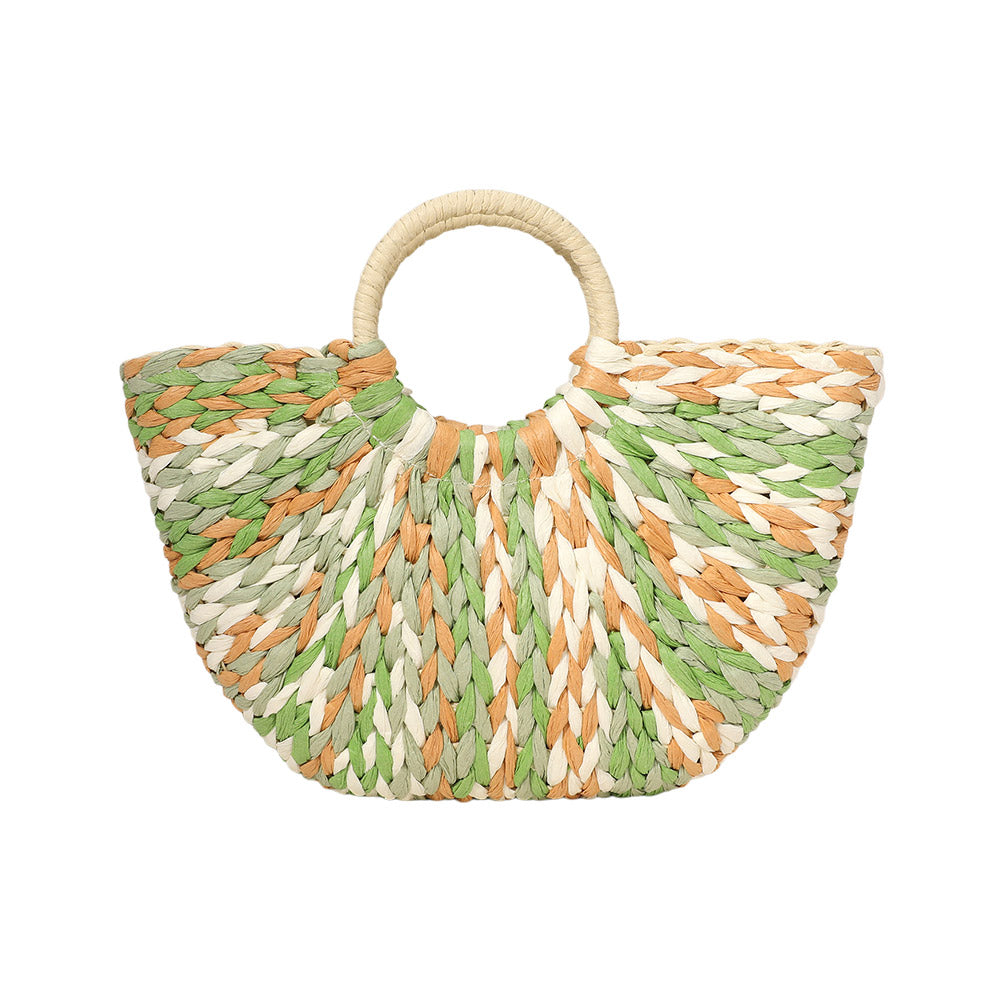 Madeline Love Green Multi Color Weave Round Handle Handwoven Natural Straw Handbag - Bags & Wallets - desc