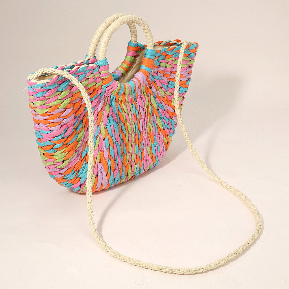 Madeline Love Green Multi Color Weave Round Handle Handwoven Natural Straw Handbag - Bags & Wallets - extra