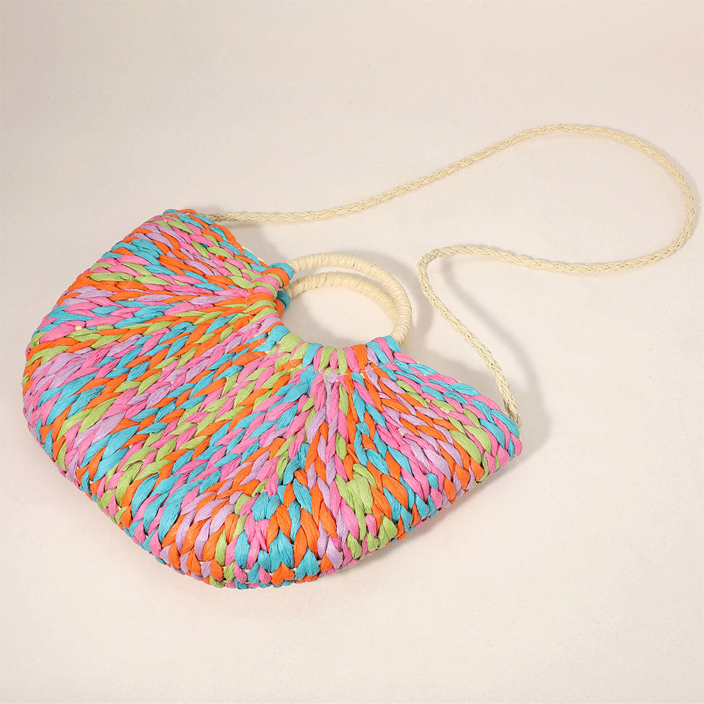Madeline Love Green Multi Color Weave Round Handle Handwoven Natural Straw Handbag - Bags & Wallets - extra