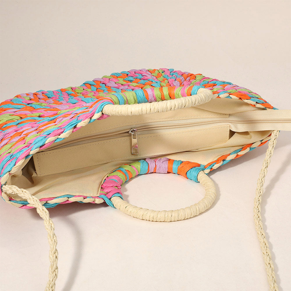 Madeline Love Green Multi Color Weave Round Handle Handwoven Natural Straw Handbag - Bags & Wallets - extra
