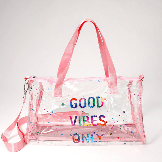 Madeline Love Clear, Pink GOOD VIBES ONLY Message Printed Transparent Boston Bag / Crossbody Bag - Bags & Wallets