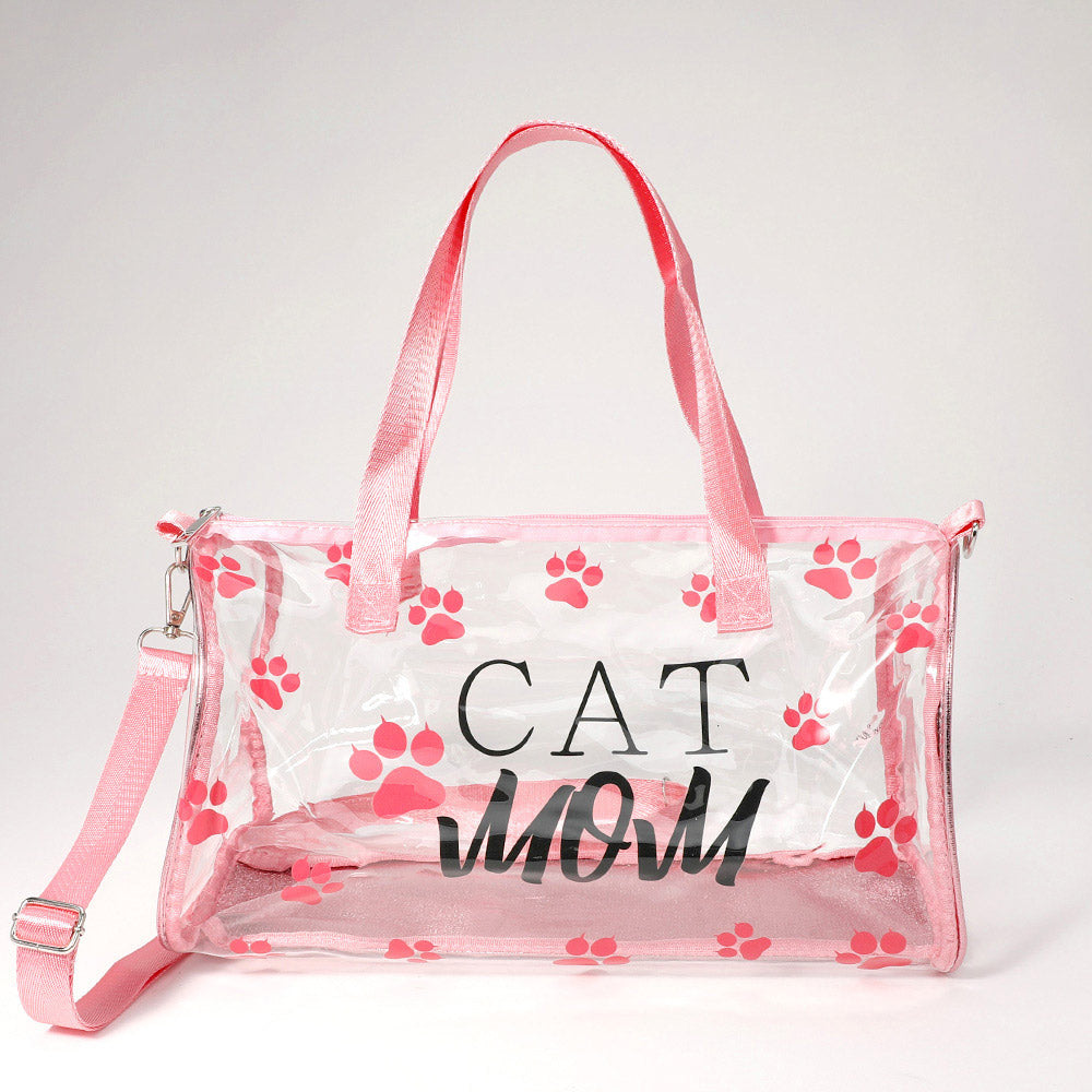 Madeline Love Clear, Pink CAT MOM Message Paw Pattern Printed Transparent Boston Bag / Crossbody Bag - Bags & Wallets