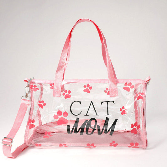 Madeline Love Clear, Pink CAT MOM Message Paw Pattern Printed Transparent Boston Bag / Crossbody Bag - Bags & Wallets