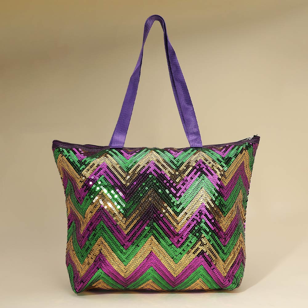 Madeline Love Multi Mardi Gras Sequin Chevron Shoulder Tote Bag - Bags & Wallets