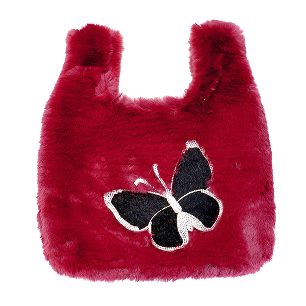 Madeline Love Burgundy Fluffy Faux Fur Butterfly Slouchy Tote Bag - Bags & Wallets - extra