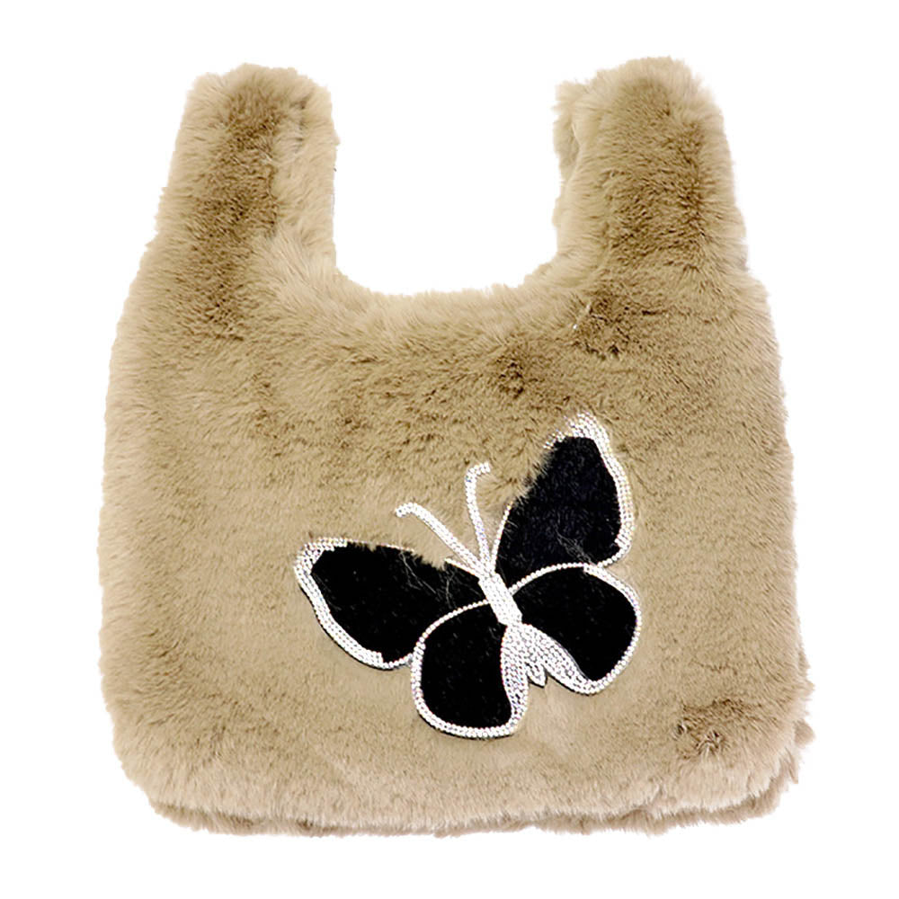 Madeline Love Brown Fluffy Faux Fur Butterfly Slouchy Tote Bag - Bags & Wallets - extra
