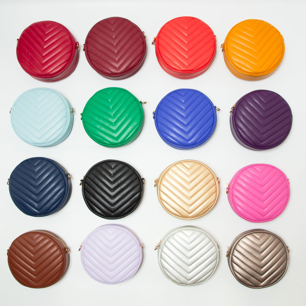 Madeline Love Orange Chevron Patterned Faux Leather Round Crossbody Bag - Bags & Wallets - extra