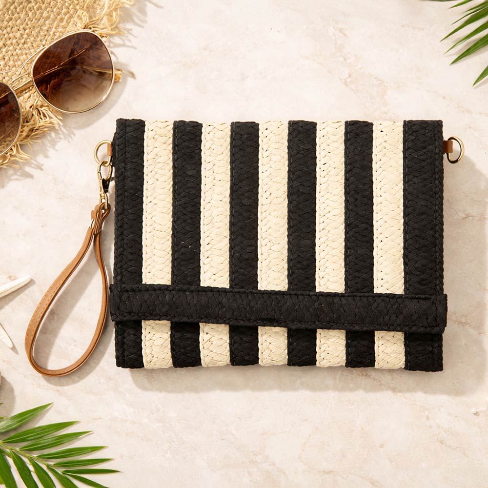 Madeline Love Black Striped Woven Foldover Wristlet Clutch Crossbody Bag - Bags & Wallets