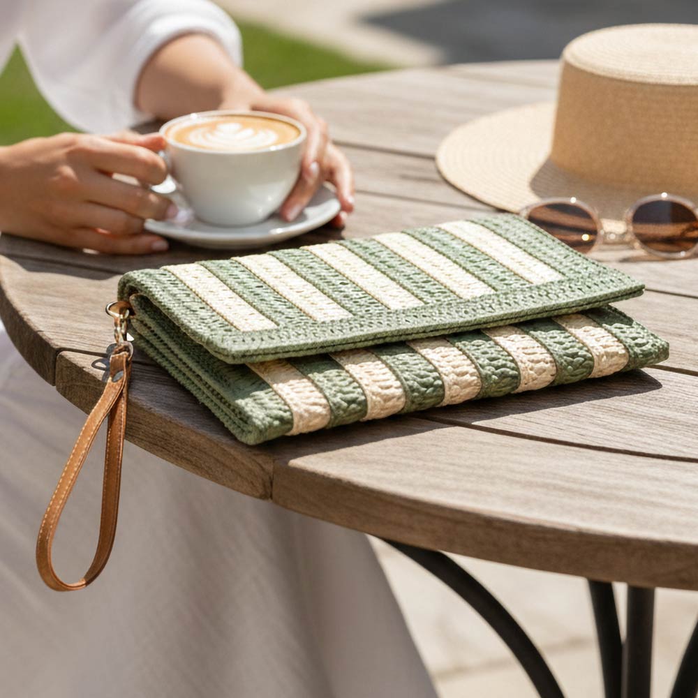 Madeline Love Olive Green Striped Woven Foldover Wristlet Clutch Crossbody Bag - Bags & Wallets