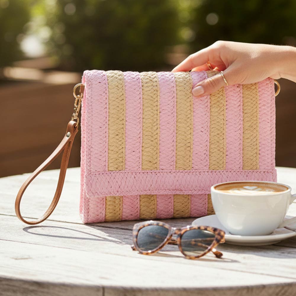Madeline Love Pink Striped Woven Foldover Wristlet Clutch Crossbody Bag - Bags & Wallets