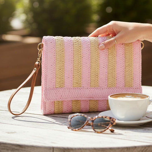 Madeline Love Pink Striped Woven Foldover Wristlet Clutch Crossbody Bag - Bags & Wallets