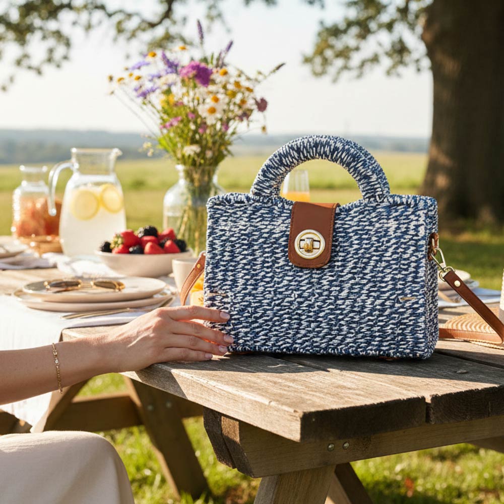 Madeline Love Blue Structured Top Handle Woven Mini Satchel Crossbody Bag - Bags & Wallets - extra