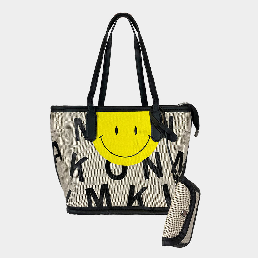 Madeline Love Black 2PCS - Smile Accented Tote Bag and Mini Pouch Bag Set - Bags & Wallets