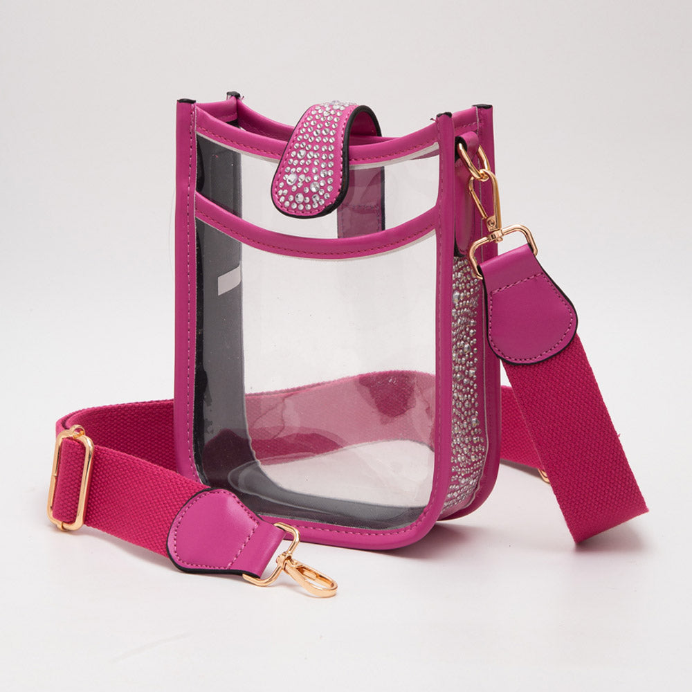 Madeline Love Clear, Fuchsia Bling Studded Faux Leather Transparent Mini Crossbody Bag - Bags & Wallets