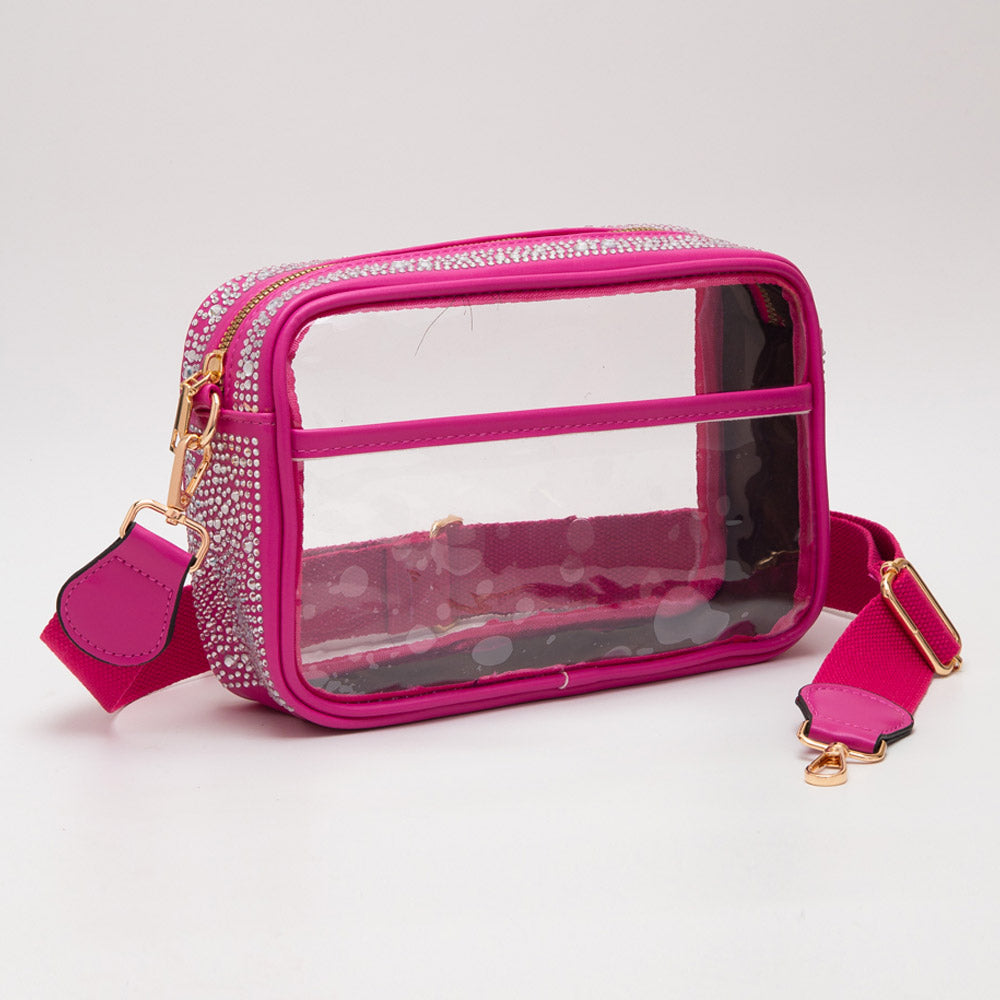 Madeline Love Clear, Fuchsia Bling Studded Faux Leather Transparent Rectangle Crossbody Bag - Bags & Wallets