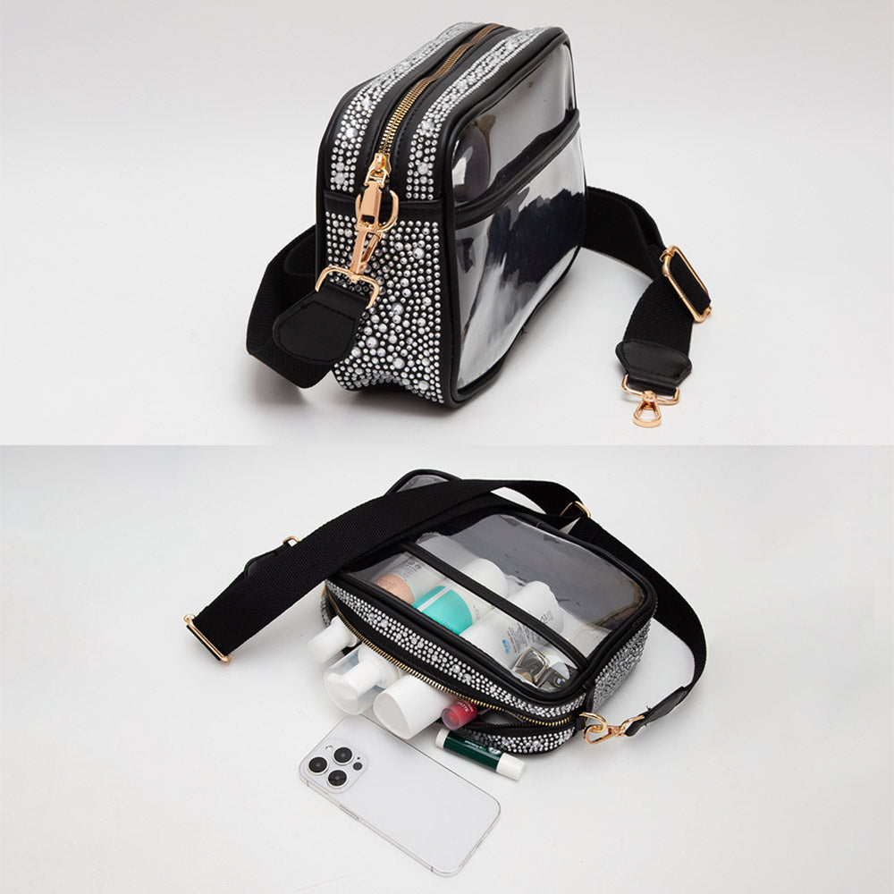 Madeline Love Clear, Fuchsia Bling Studded Faux Leather Transparent Rectangle Crossbody Bag - Bags & Wallets - desc