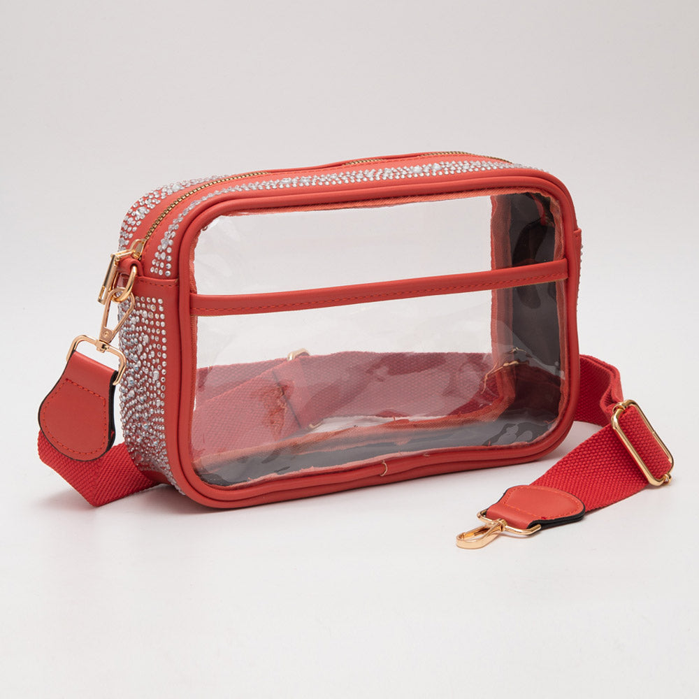 Madeline Love Clear, Orange Bling Studded Faux Leather Transparent Rectangle Crossbody Bag - Bags & Wallets