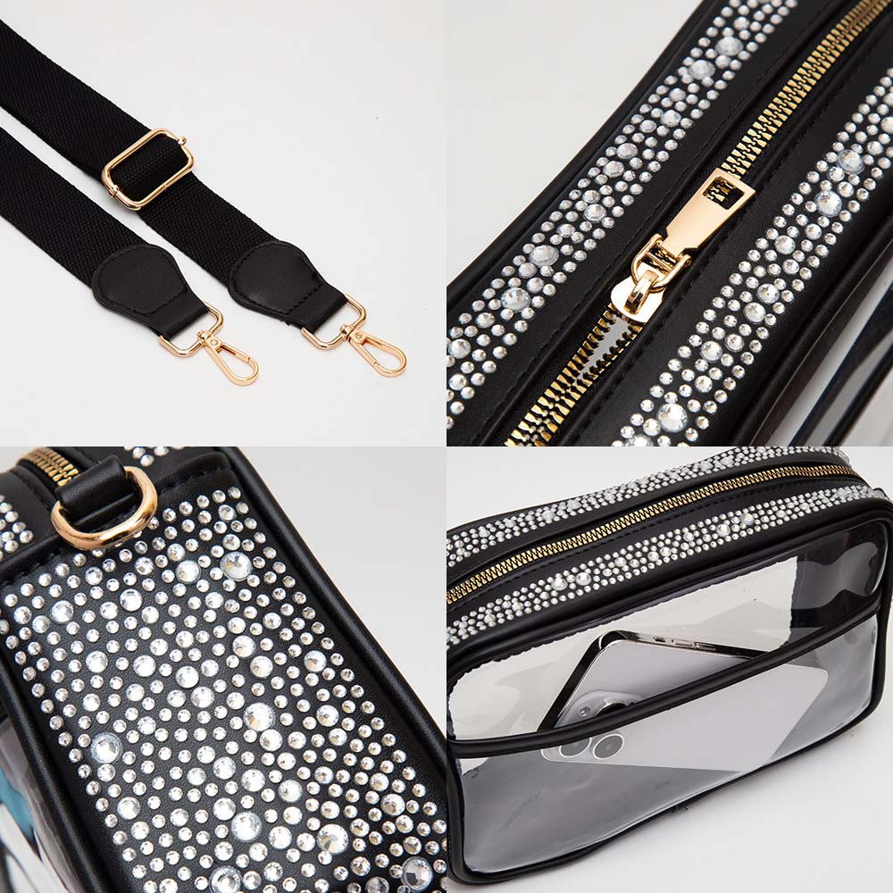 Madeline Love Clear, Orange Bling Studded Faux Leather Transparent Rectangle Crossbody Bag - Bags & Wallets - extra
