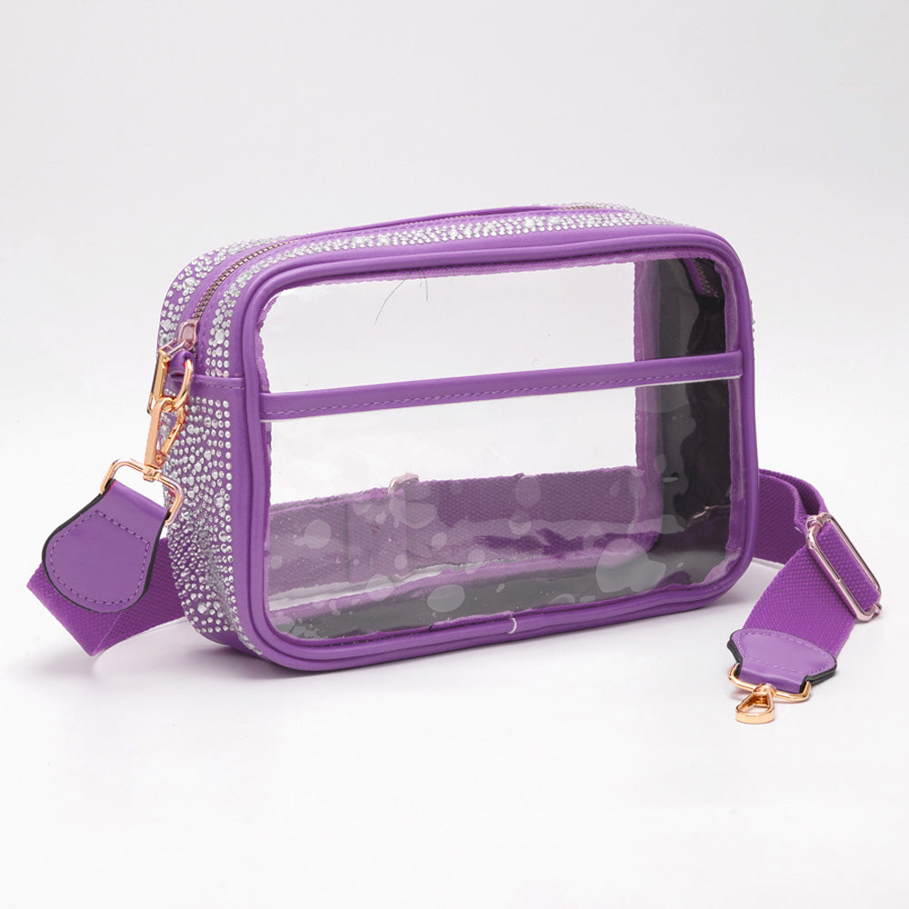 Madeline Love Clear, Purple Bling Studded Faux Leather Transparent Rectangle Crossbody Bag - Bags & Wallets